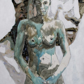 Bei mir, 2015, Acryl, Kohle und Papiercollage auf Leinwand, 100 x 70 cm